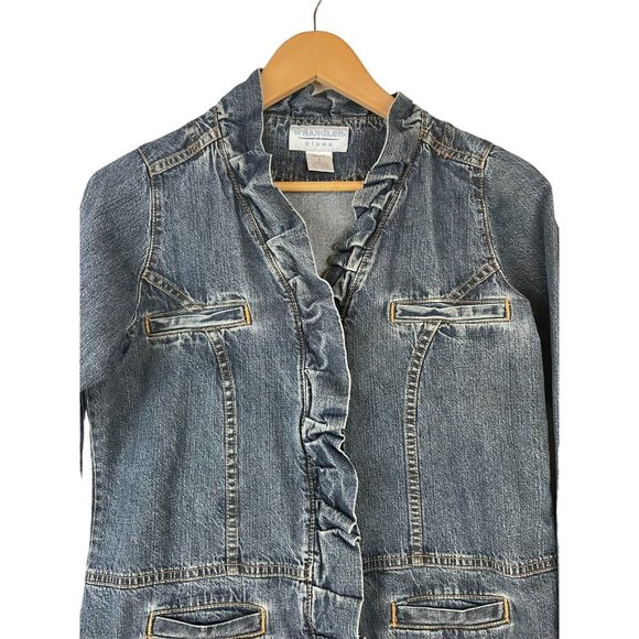 Wrangler Blues Jean Jacket Size Small Ruffles Fitted Denim Split Cuffs Pockets - Picture 2 of 10